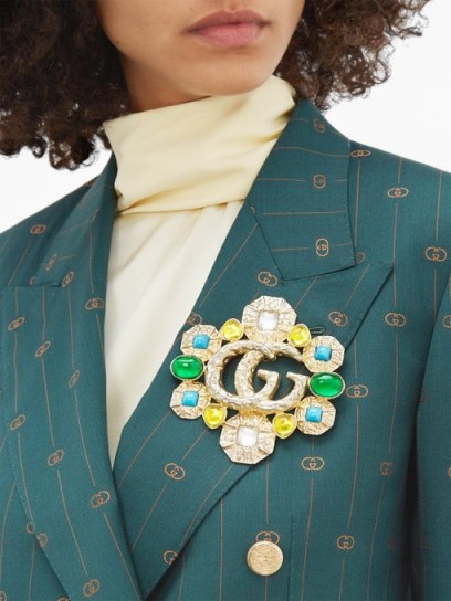 GUCCI GG Marmont embellished brooch ~ hammered gold-tone resin stone brooches