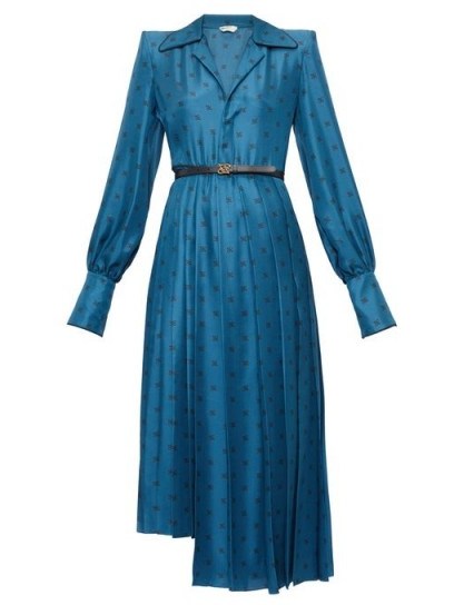 FENDI Gloria Karligraphy logo-jacquard satin shirtdress in blue ~ designer vintage look shirt dress - flipped