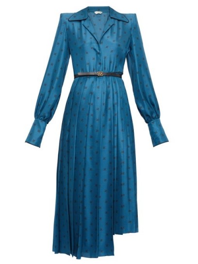 FENDI Gloria Karligraphy logo-jacquard satin shirtdress in blue ~ designer vintage look shirt dress
