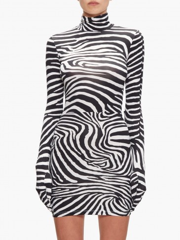 VETEMENTS Glove-sleeve zebra-print jersey mini dress in black ~ contemporary evening glamour