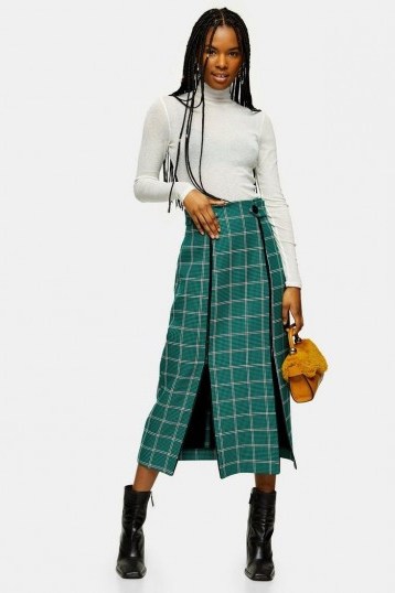 TOPSHOP Green Check Split Trim Midi Skirt / front double slit skirts - flipped
