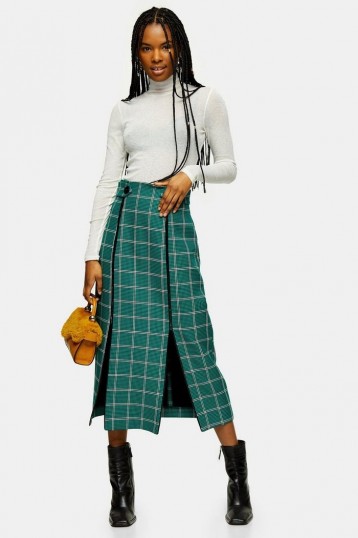 TOPSHOP Green Check Split Trim Midi Skirt / front double slit skirts