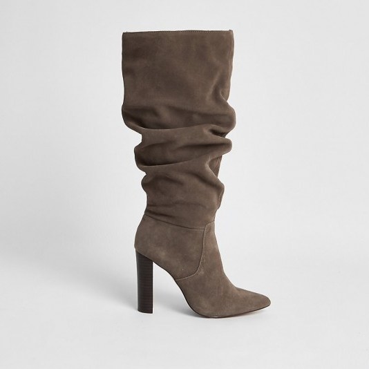 RIVER ISLAND Grey suede slouch knee high boots – ruched winter boot - flipped