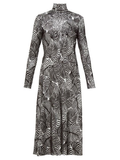PACO RABANNE Hawaiian palm-print lurex and velvet midi dress in silver and black / high neck fit and flare