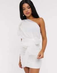 In The Style asymmetric ruched mesh drape detail mini dress in white