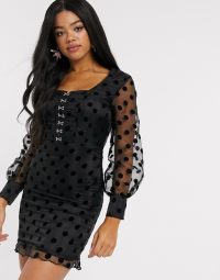 In The Style mesh polka dot frill hem mini dress in black | sheer sleeve dresses | LBD