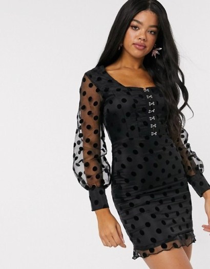 In The Style mesh polka dot frill hem mini dress in black | sheer sleeve dresses | LBD - flipped