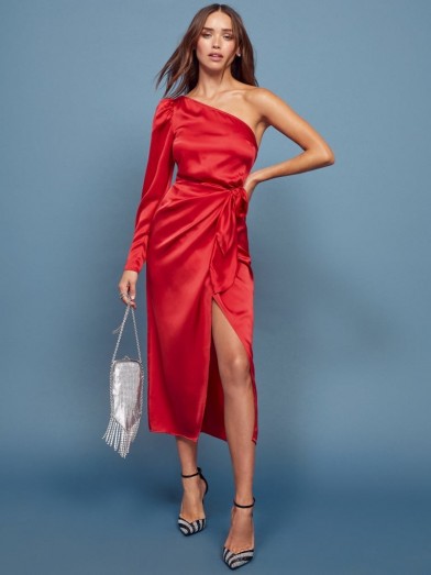 REFORMATION Justine Dress in Cherry ~ striking red one shoulder dresses