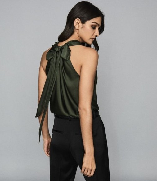 REISS LAURA BOW DETAIL SATIN TOP GREEN - flipped
