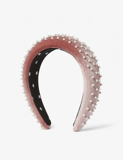 LELE SADOUGHI Padded velvet pearl trim headband in dusty rose | pink embellished headbands - flipped