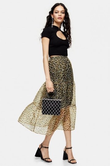 TOPSHOP Leopard Print Organza Tiered Midi Skirt / sheer skirts - flipped
