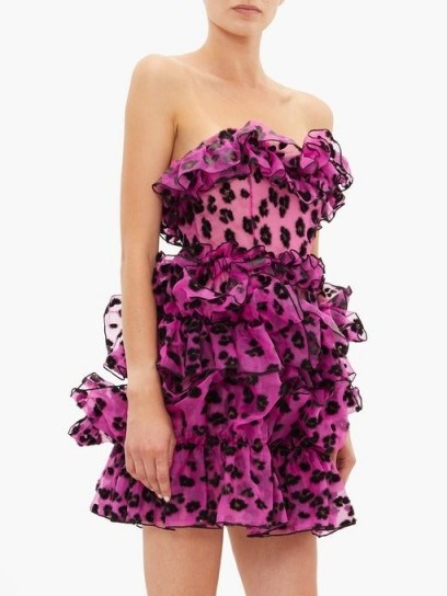 CHRISTOPHER KANE Leopard-flocked ruffled silk-organza mini dress in pink ~ frothy strapless event dresses - flipped