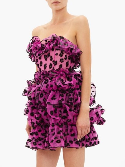 CHRISTOPHER KANE Leopard-flocked ruffled silk-organza mini dress in pink ~ frothy strapless event dresses