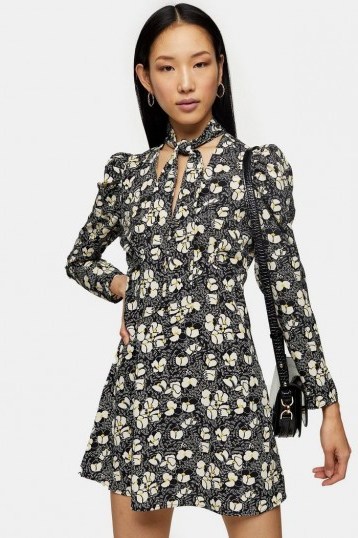TOPSHOP Lily Print Tie Neck Mini Dress in monochrome / puff sleeve dresses - flipped