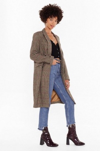 NASTY GAL Longline Coming Check Double Breasted Coat in khaki - flipped