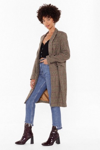 NASTY GAL Longline Coming Check Double Breasted Coat in khaki
