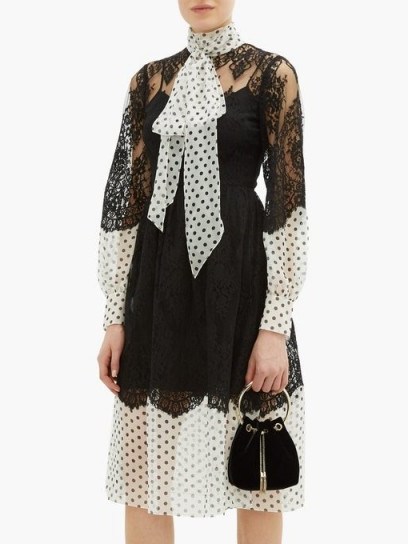 ERDEM Medina tie-neck lace and polka-dot georgette dress in black / monochrome dresses - flipped