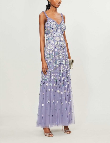 NEEDLE AND THREAD Wildflower floral sequin-embellished tulle gown in bluebell ~ feminine event wear