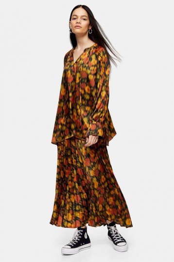 Topshop Boutique Orange Floral Pleated Skirt / seventies style prints / floaty dresses