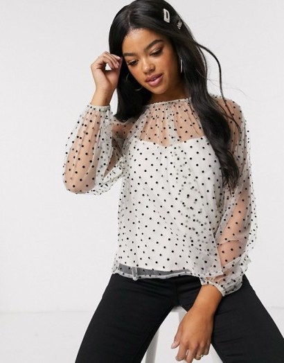 Outrageous Fortune high neck sheer polka mesh top in mono - flipped