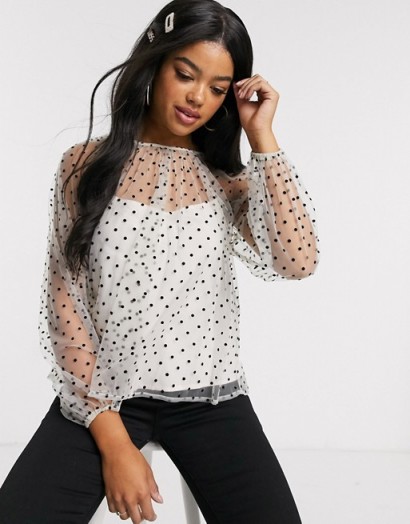 Outrageous Fortune high neck sheer polka mesh top in mono
