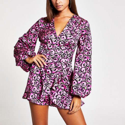 RIVER ISLAND Pink floral balloon sleeve V neck playsuit – ruffled playsuits