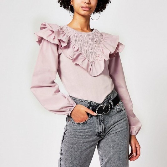 River Island Pink long sleeve frill front blouse | pretty frilly knits - flipped