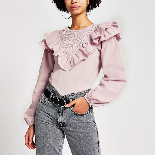 River Island Pink long sleeve frill front blouse | pretty frilly knits