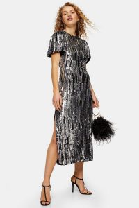 Topshop Premium Silver Puff Sleeve Sequin Midi Dress | occasion glamour
