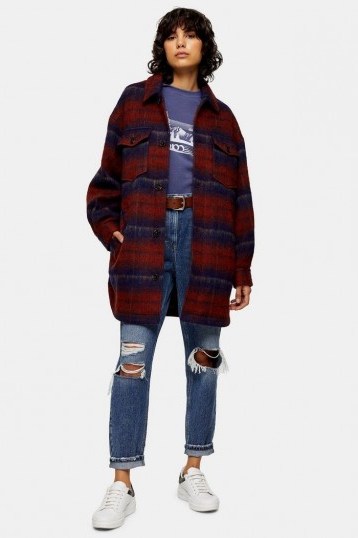 TOPSHOP Red And Blue Check Longline Jacket With Wool / long snugly shacket - flipped