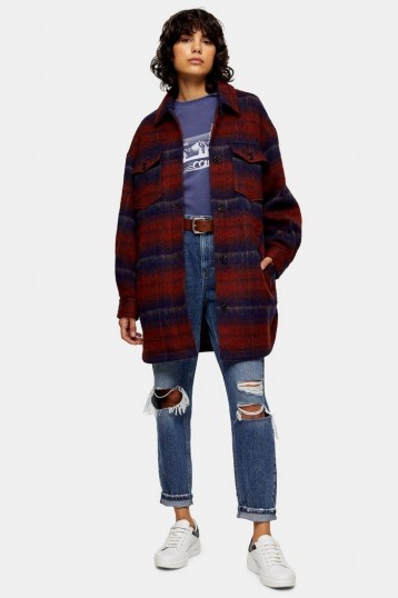 TOPSHOP Red And Blue Check Longline Jacket With Wool / long snugly shacket