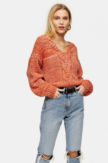 Topshop Red Central Cable V Neck Knitted Jumper | chunky knits - flipped