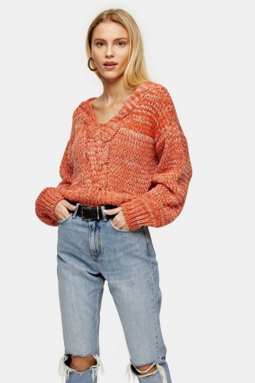 Topshop Red Central Cable V Neck Knitted Jumper | chunky knits