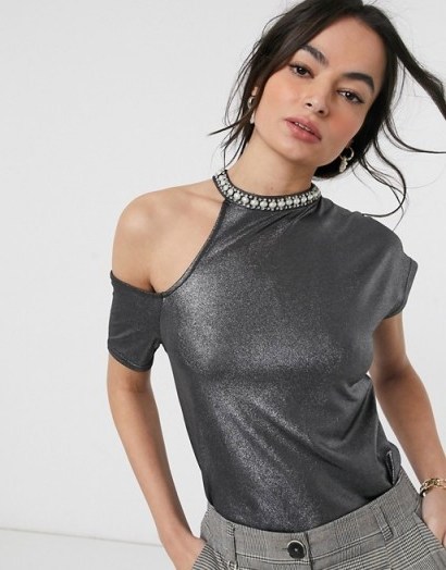 River Island metallic asymmetric shoulder top with embellished neck in black - flipped