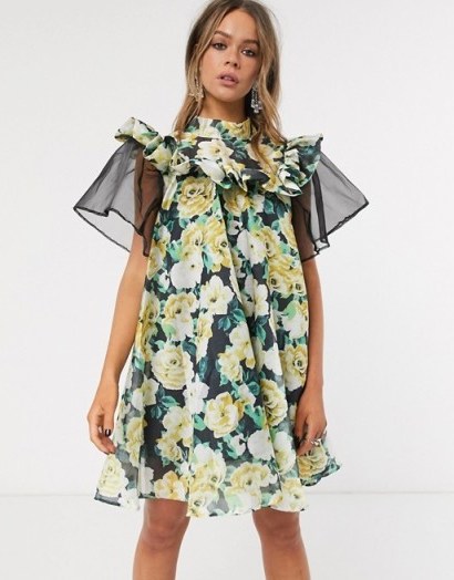 Sister Jane mini smock dress with organza sleeve in oversized floral - flipped