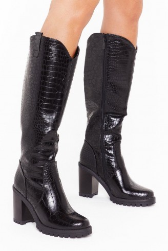 NASTY GAL Snake a Hint Faux Leather Knee-High Boots in black