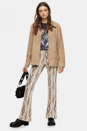 TOPSHOP Snake Print Plisse Flare Trousers