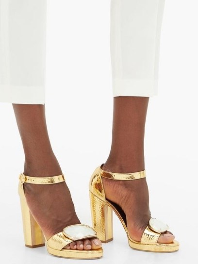 RUPERT SANDERSON Soraya gemstone-buckle leather sandals in gold / luxe block heels - flipped