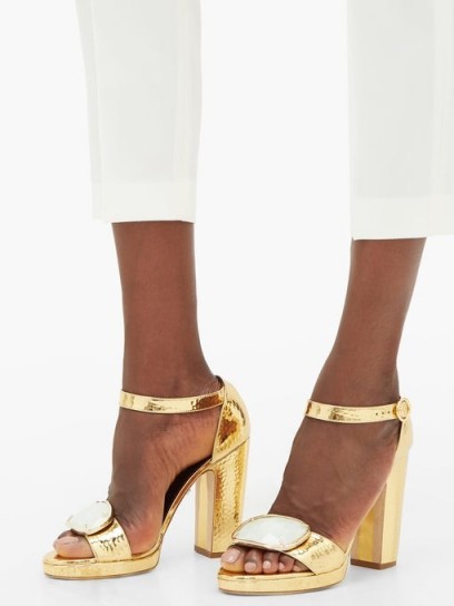 RUPERT SANDERSON Soraya gemstone-buckle leather sandals in gold / luxe block heels