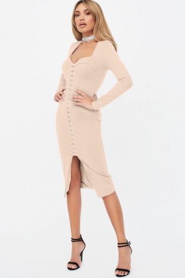 LAVISH ALIVE square neck corset midi dress in beige – fitted going out dresses