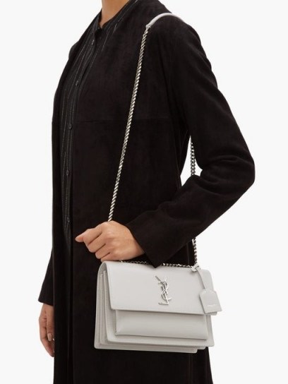SAINT LAURENT Sunset medium grey leather cross-body bag ~ designer chain strap handbag - flipped