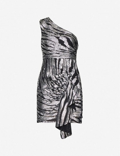 TOPSHOP Sequinned zebra-pattern one-shoulder crepe mini dress in black / shimmering party dresses / occasion glamour