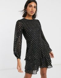 Warehouse tiered metallic gold spot dress in black – ruffled party dresses