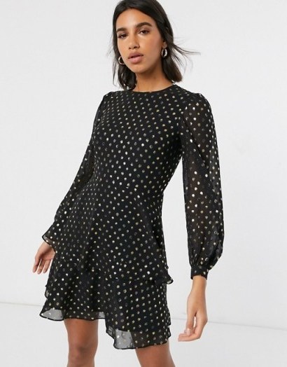 Warehouse tiered metallic gold spot dress in black – ruffled party dresses - flipped