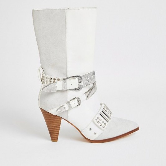 RIVER ISLAND White leather embellished strap heeled boots – western inspired cone heel boot - flipped