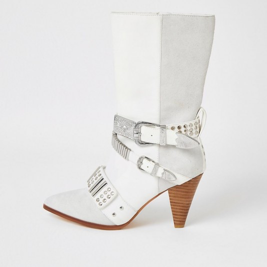 RIVER ISLAND White leather embellished strap heeled boots – western inspired cone heel boot