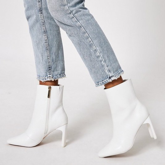 RIVER ISLAND White textured high heel boots – side zip ankle boots - flipped