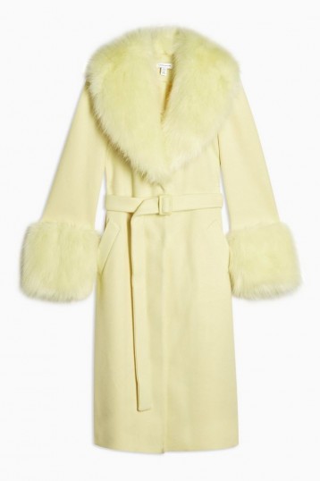 TOPSHOP Yellow Faux Fur Trim Coat / luxe style winter coats