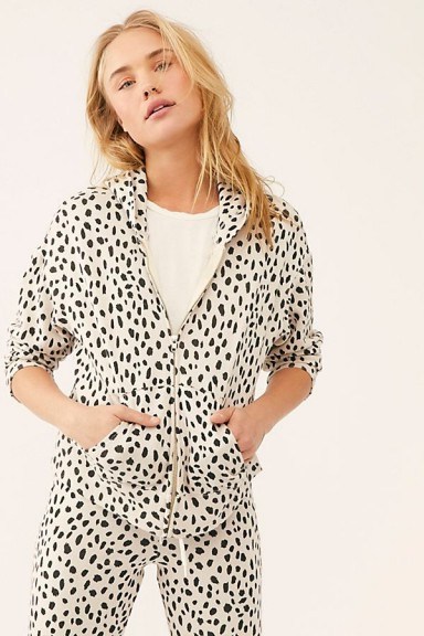 Monrow Cheetah Boxy Zip-Up Hoodie in Bone – animal print hoodies - flipped