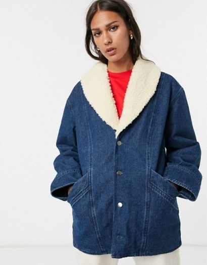 & Other Stories denim faux shearling trim overcoat in blue wash - flipped